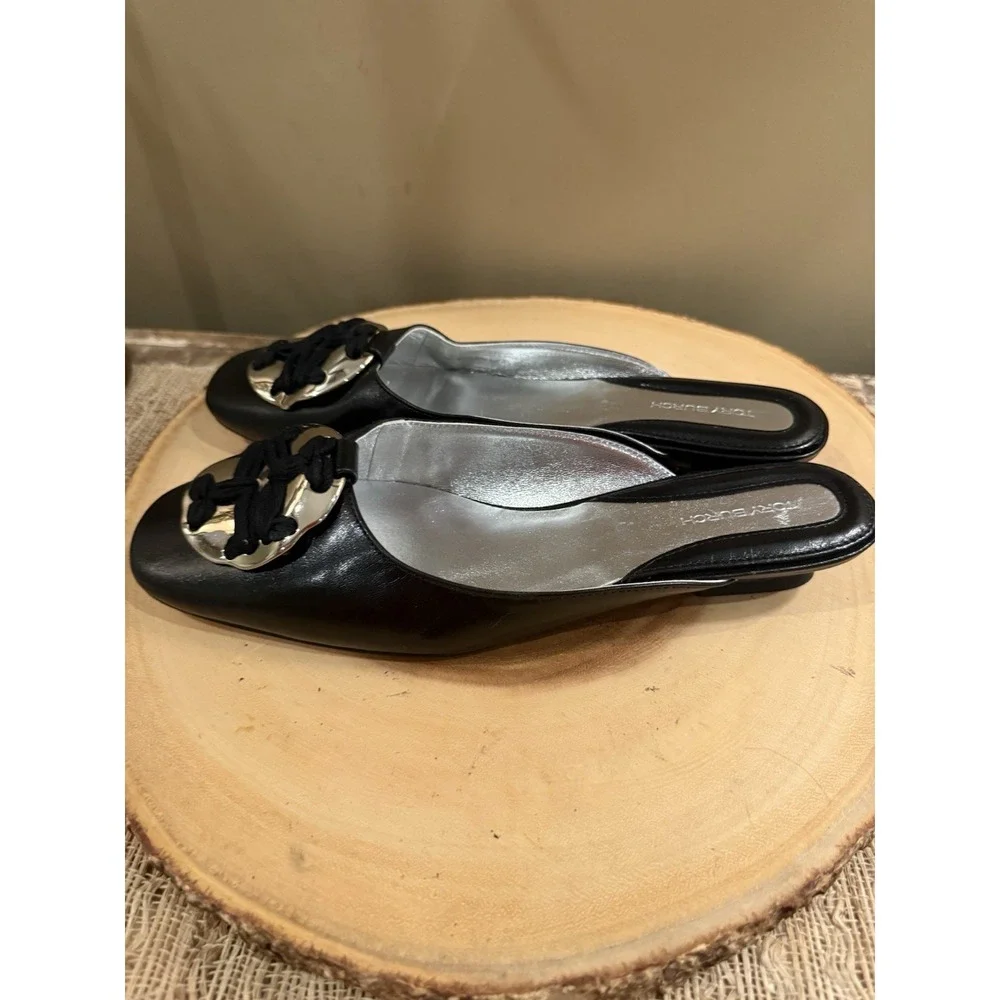 Tory Burch Woven‎ Logo Kitten Heel Mule Size 7.5 Black Goat Leather MSRP$358